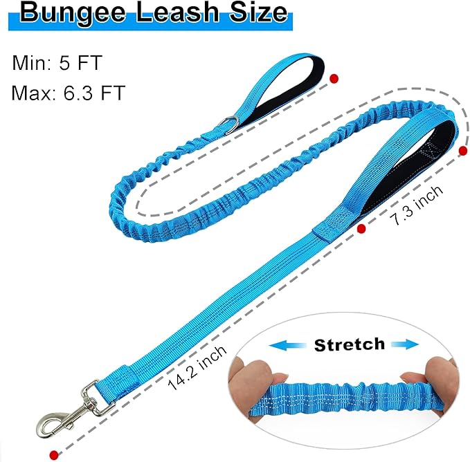 5FT Bungee Dog Leash with 2 Handles, Reflective Strong Nylon Traffic Leash, Shock Absorbing Lead for Large Medium Dogs Walking Training Controlling, Blue