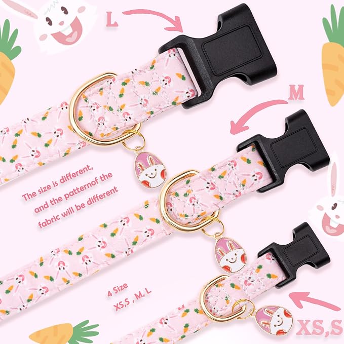 Faygarsle Cute Collar for Small Medium Large Dogs - Pink Cotton with Adorable Rabbit Print and Easter Egg Charm - XL