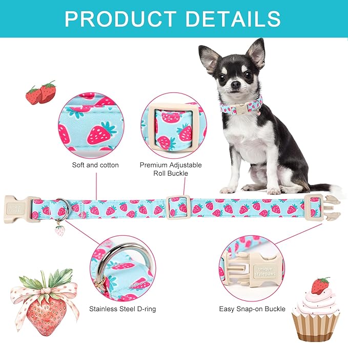 Unique style paws Dog Collar Plastic Buckle with Pendant Puppy Collar for Spring Summer Blue Strawberry for Small Medium Large Boys Girls Dogs