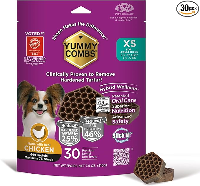 Yummy Combs Dog Dental Treats – Vet VOHC Approved, Removes Tartar & Cleans Teeth – Yummy High Protein Chicken Treat for Extra Small Dogs (Mini Pack, 30 Count)