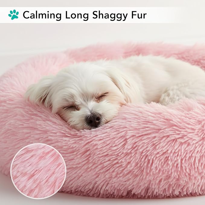 PetAmi Calming Dog Bed for Small & Medium Dogs, Cats & Puppy, Warming Round Donut Cuddler Bed, Anti-Anxiety Fluffy Shaggy Faux Fur Pet Bed, Machine Washable, Non-Slip Bottom, 30 Inch - Pink
