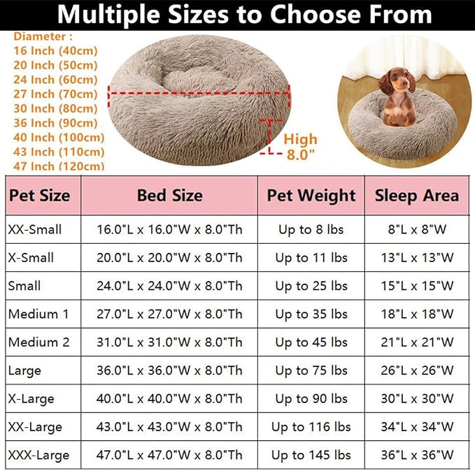Dog Bed for Small Medium Large Dogs, 40 Inch Calming Dogs Bed, Anti-Anxiety Donut Cuddler Cat Bed with Anti-Slip Bottom, Fluffy Faux Fur Washable Pet Cushion for Dog & Cat, Purple