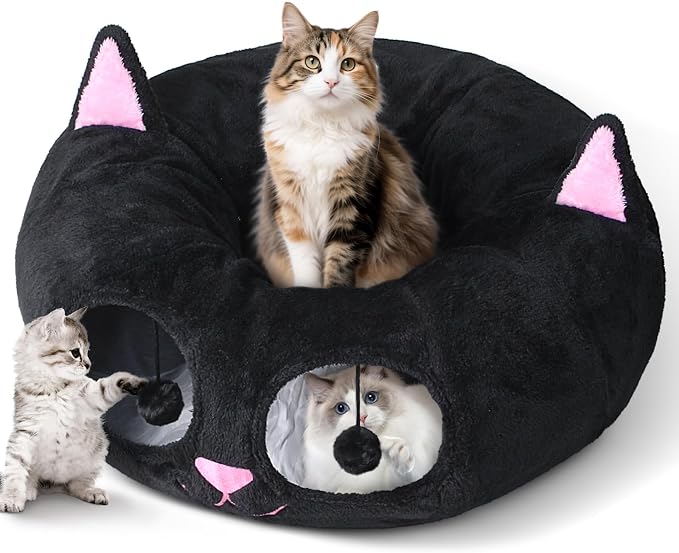 Cat Tunnel Bed for Indoor Cats, Peekaboo Cat Cave with Washable Soft Play Mat, Furry Cat Tube, for Kitten/Puppy/Rabbit, Kitten Series Black Pink