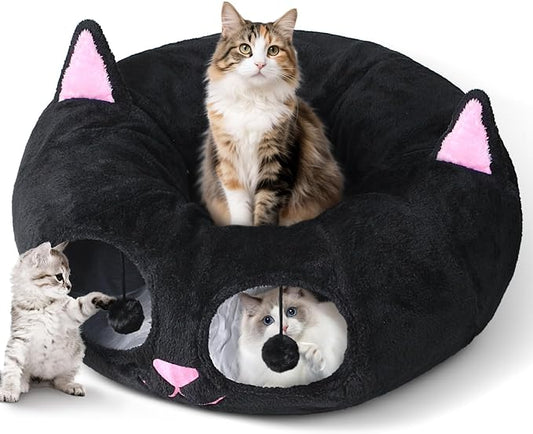 Cat Tunnel Bed for Indoor Cats, Peekaboo Cat Cave with Washable Soft Play Mat, Furry Cat Tube, for Kitten/Puppy/Rabbit, Kitten Series Black Pink