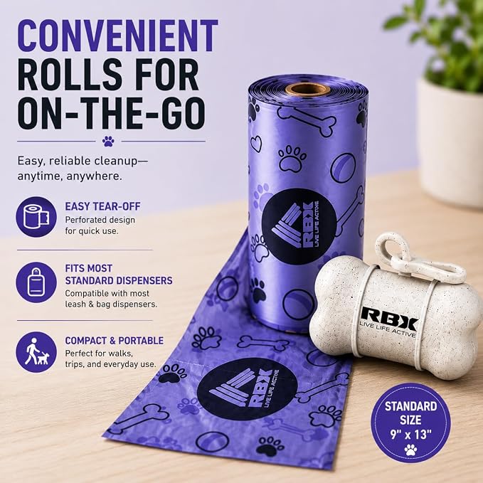 RBX Dog Poop Bags Rolls with Dog Poop Bag Holder for Leash, 320 Poop Bags for Dogs with Clip-On Dispenser, Durable Leak-Proof Dog Waste Bags, 16 Refill Rolls, Recyclable Material