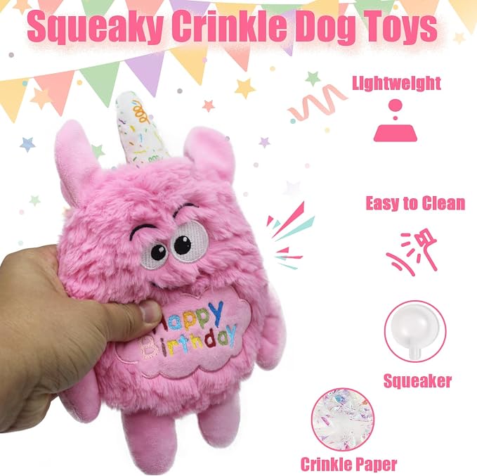 Plush Dog Birthday Toy for Girl Boy Gifts, Crinkle Squeaky Dog Toy Keep Them Busy Tug of War Stuffed Dog Chew Toy for Small Medium Large Dogs (Pink)