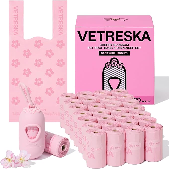 VETRESKA Dog Poop Bags with Handles 450 Count, Floral Scented Waste Bags, Leak-Proof Thick Dog Bags for Poop, Easy-Tie Large Poop Bags, 30 Refill Rolls with 1 Dispenser for Dog Walking Cat Litter