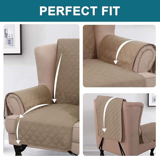 Turquoize 100% Waterproof Wing Chair Cover Wing Armchair Slipcovers Chair Couch Protector Triple Non-Slip Sofa Slipcover Furniture Protector for Pets, Kids,Dog (Wing Chair, Taupe)