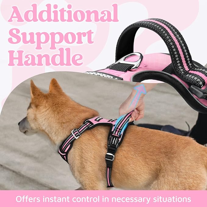rabbitgoo Dog Harness Small Sized, 3 Buckles Easy On & Off No Pull Pet Vest, Soft Padded Walking Pet Harness with Control Handle, Adjustable and Reflective, Light Pink, S