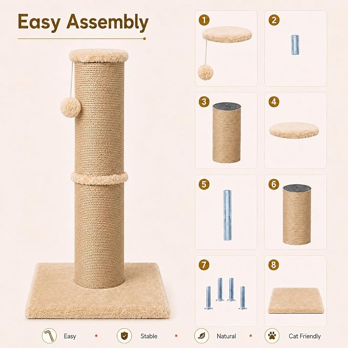 PAWSCRAT Cat Scratching Post 32 Inch High, 5.5 Inch Large Diameter Natural Sisal Cat Scratch Post, Scratch-Resistant and Durable Tall Cat Scratcher for Indoor Cats, Protect Your Furniture, Yellow