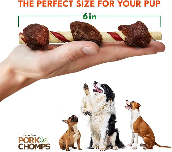 Pork Chomps Premium Meaty Skewers Dog Chews, 6 count - Pork Skin with Chicken & Duck - Long-Lasting Treats for Dogs - High Protein, Rawhide-Free, Low Fat, Healthy & Delicious, 3.98 oz (1 Pack)