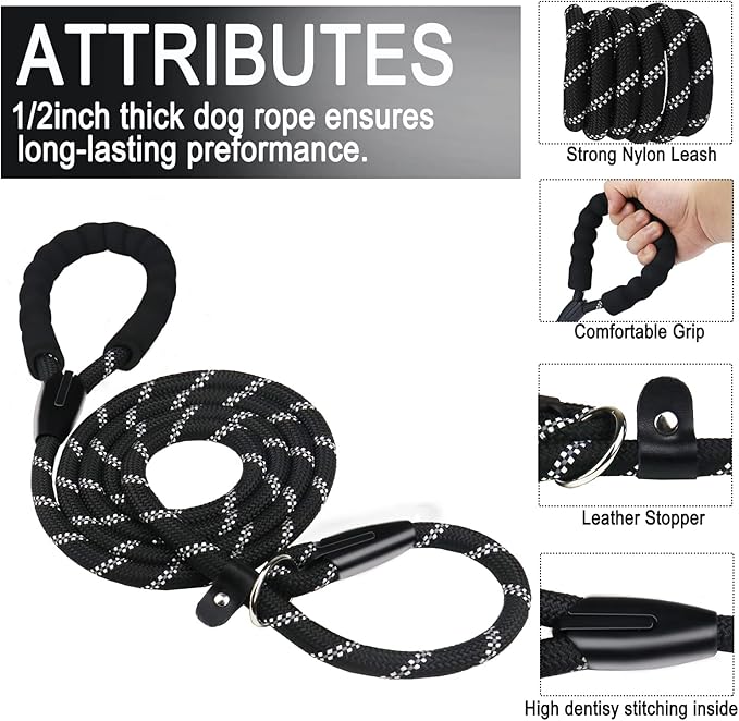 Dog Leash 3.9 FT, Durable Premium Quality Strong Training Rope Slip Leash with Comfortable Padded Handle and Highly Reflective Threads for Small Medium and Large Dogs, (Black)