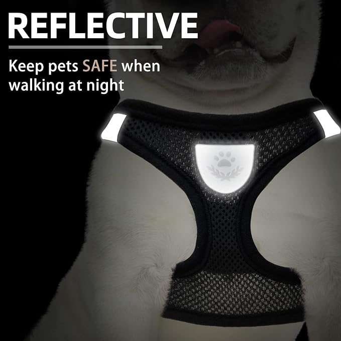 PUPTECK Adjustable Dog Harness Collar and Leash Set Step in No Pull Pet Harness for Small Medium Dogs Puppy and Cats Outdoor Walking Running, Soft Mesh Padded Reflective Vest Harnesses, Solid Black L