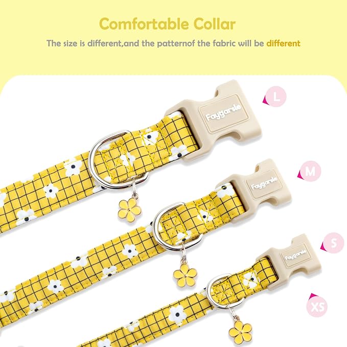 Faygarsle Floral Plaid Pattern Dog Collar, Yellow with White Flowers Summer Spring Design for Small Medium Large Dogs M