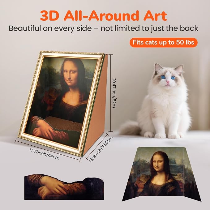 Mona Lisa Cat Bed 3-in-1 Cardboard Cat House with Scratching Pad & Cozy Hideout, Artistic Cat Furniture for Indoor Cats, Decorative Cat Condo for Home Décor Easy Setup, Novelty Gift for Cat Lovers