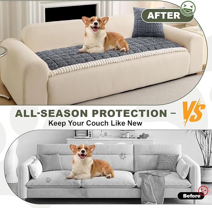 OTOB All Seasons Sofa Covers for 3 Cushion Couch Washable, Geometric Jacquard Fuzzy Non-Slip Pet Couch Cover, Kids Pet Friendly Soft Plush Sofa Slipcovers Dog Bed Mats (Dark Gray, 27.6" x 70.9")