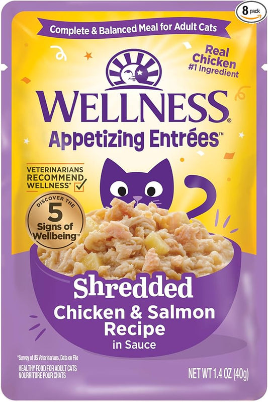 Wellness Appetizing Entrées Shredded Adult Wet Cat Food, Natural, Protein Rich, Grain Free, Chicken and Salmon Recipe, 1.4 oz, Pack of 8 Pouches
