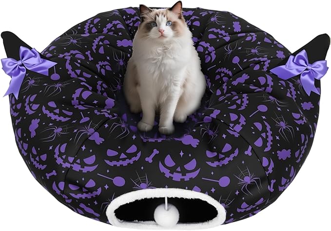 Tidjani Cat Tunnel Bed, Cat Tunnels for Indoor Cats, Foldable Cat Donut Bed with Washable Mat and Dangling Balls, Purple Bowknot, Ghost Spider Pattern Decor Pet Toys for Small Animals