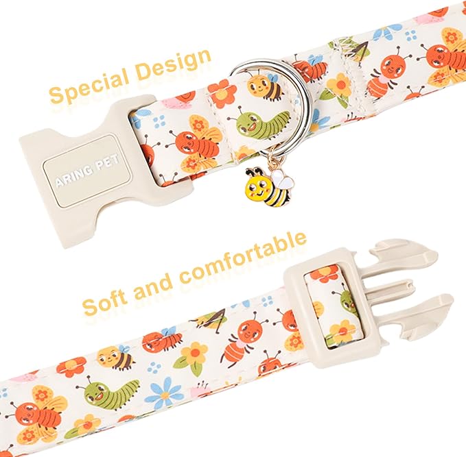 ARING PET Dog Collar, Cute Spring Summer Insects Bee Floral Doggy Collars with Quick Release Buckle for Puppy Small Medium Large Dogs-M