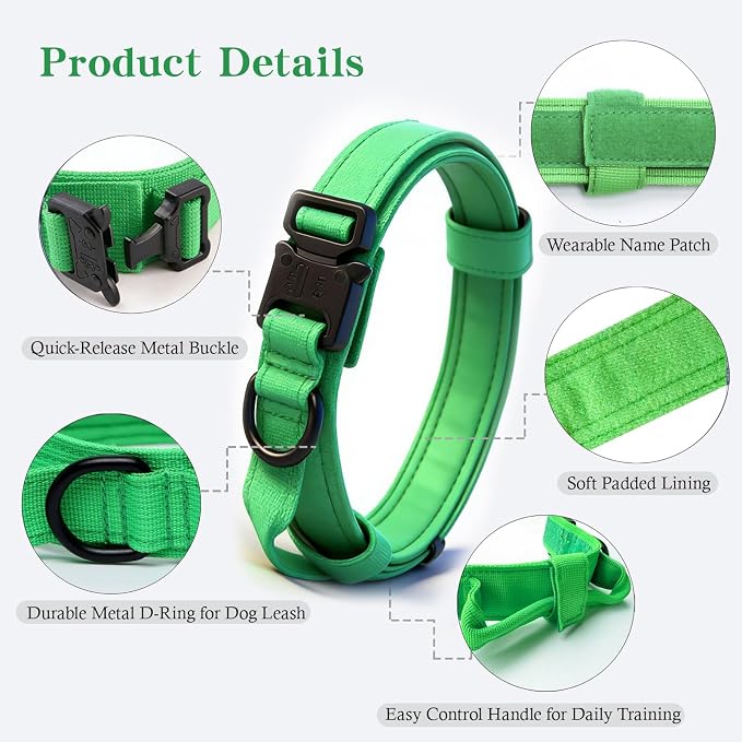 Tactical Dog Collar - Military Dog Collar - Adjustable Nylon - Heavy Duty Metal Buckle with Handle - Bright Green, Large, Medium