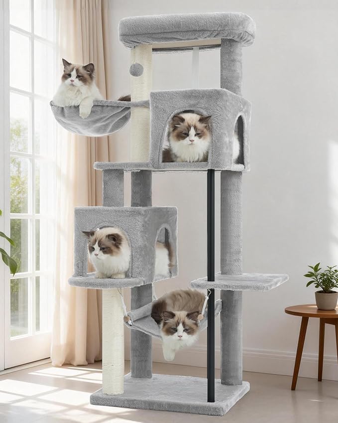 Gitelsnour 51.2'' Cat Tree Tower, Cat Tower with Scratching Post, Sturdy Steel Pube Cat Tree for Inoor Cats Large Adult, Cat Hammock and Basket, Padding Top Platform, Light Gray GCT014W