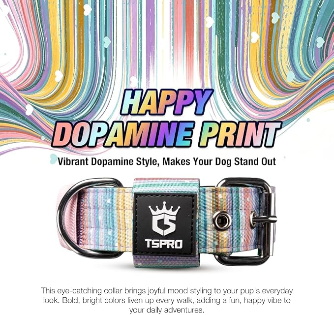 TSPRO Tactical Heavy Duty Dog Collar 1.5 Inch Wide & Thick, Durable Metal Buckle, Adjustable for Medium to Large Dogs, Strong & Comfortable for Daily Use (Dopamine Vibrant Print, M)