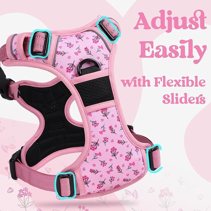 rabbitgoo Dog Harness Small Sized, No Pull Easy On & Off with 3 Buckles Pet Harness, Adjustable Soft Walking Vest with 2 Clips and Handle, Reflective for Small Dogs, Floral Pink, S