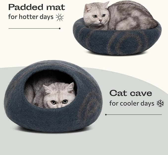 MEOWFIA Cat Cave – Premium Felt Cat Enclosure for Indoor Cats, Handmade Merino Wool (Slate Grey, Large)
