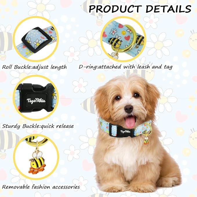 Dog Collars for Small Dogs, Dog Collar with Bees Flowers Pattern, Spring Summer Blue Dog Collar with Exquisite Pendant Adjustable Collars for Gifts for Puppy Small Dogs-S