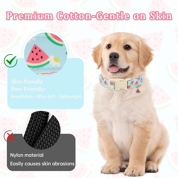 Summer Dog Collar, Cute Light Blue Puppy Collar with Watermelon Pattern, Cotton Adjustable Dog Collars for Small Medium Large Dogs, Gift for Boys Girls Dogs-S