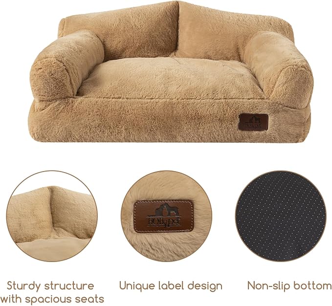 Hollypet Fluffy Dog Cat Bed Pet Couch Beds Plush Soft Warming Washable Puppy Bed for Small Medium Dogs and Large Cats, Light Brown, 24" L x 18" W x 10" Th