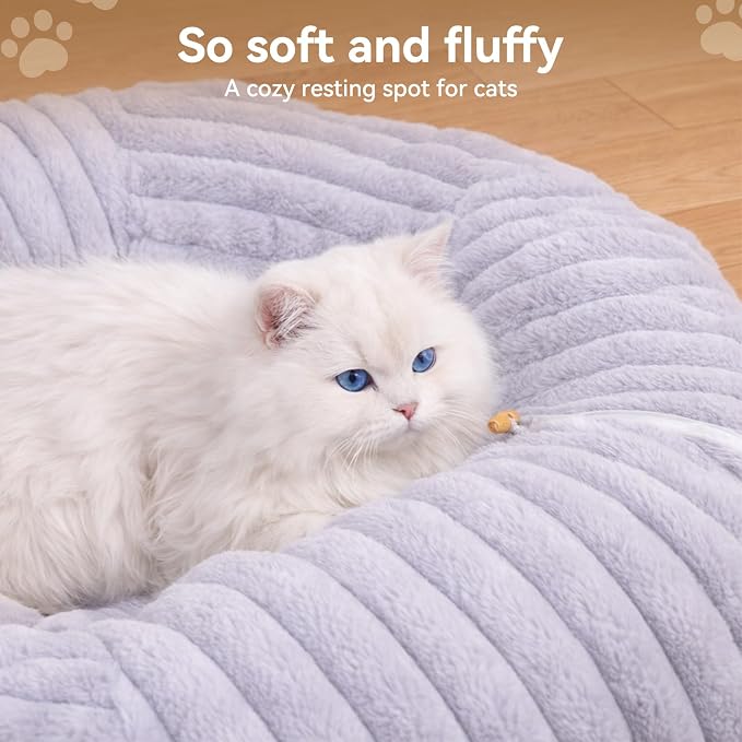 Cat Tunnel Bed Cave - Soft Washable Cushion for Indoor Cats, Peekaboo Hideaway Cave for Indoor Cats, Kittens, Puppies, Rabbits, Luxurious Striped Hare-Feel Fabric, Tunnels for Indoor Cats Large(Grey)