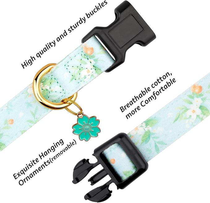 Cotton Handmade Dog Collar Cute and Distinctive Patterns Light Green Flower with Pendant for Girl Boy Dogs Collars S