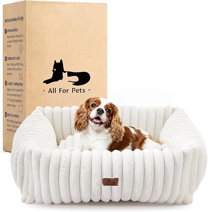 Washable Dog Bed for Small Medium Dogs - Rectangle Orthopedic Corduroy Fleece Pet Bed with Removable Cover and Nonskid Bottom, Calming Puppy Bed Soft Pet Sofa, Cream(25x21x7inchs)