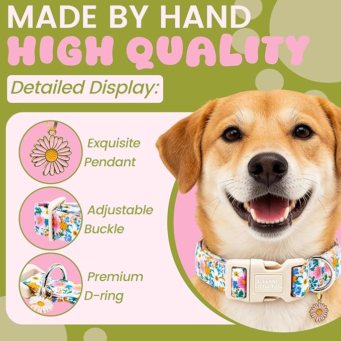Elegant Little Tail Summer Dog Collar, Pink Daisy Floral Pattern Soft Cotton Pet Collars with Sturdy Quick Release Girl Adjustable Pet Collar for Small Medium Large Dogs