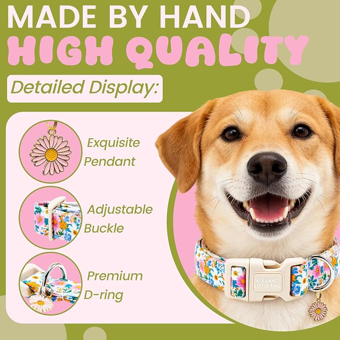 Elegant Little Tail Summer Dog Collar, Pink Daisy Floral Pattern Soft Cotton Pet Collars with Sturdy Quick Release Girl Adjustable Pet Collar for Small Medium Large Dogs
