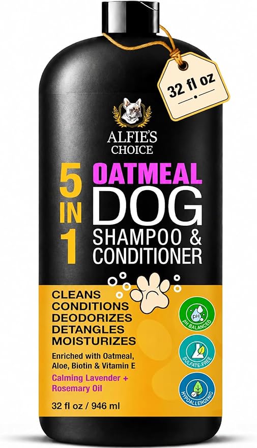 Oatmeal Dog Shampoo and Conditioner 32 fl oz | 5 in 1 Puppy Shampoo for Itchy Sensitive Skin | Dog Wash with Aloe, Biotin & Vitamin E | Cleans, Deodorizes & Moisturizes | All Breeds | ALFIE'S CHOICE