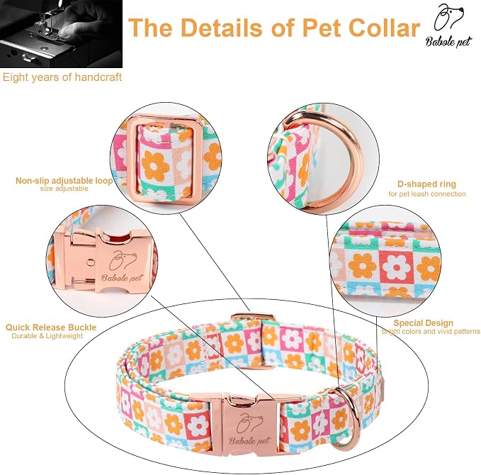 Spring Dog Collar, Pastel Checkered Flowers Pet Collar with Metal Buckle, Durable Adjustable Designer Dog Collars for Small Medium Large Dogs S
