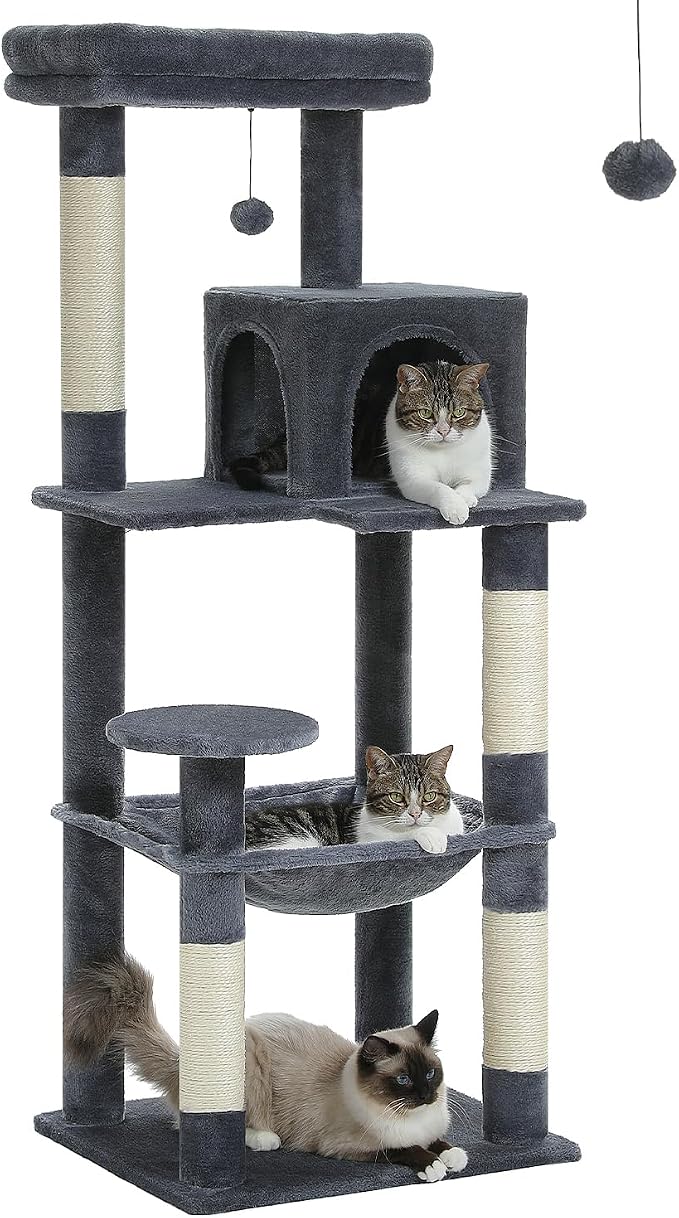 MUTTROS Cat Tree for Large Cats with Metal Plush Big Hammock, 56.3" Cat Tower for Indoor Cats with 2 Door Condo House, 6-Tier Cat Shelves with Scratching Posts and Large Top Perch, Dark Gray