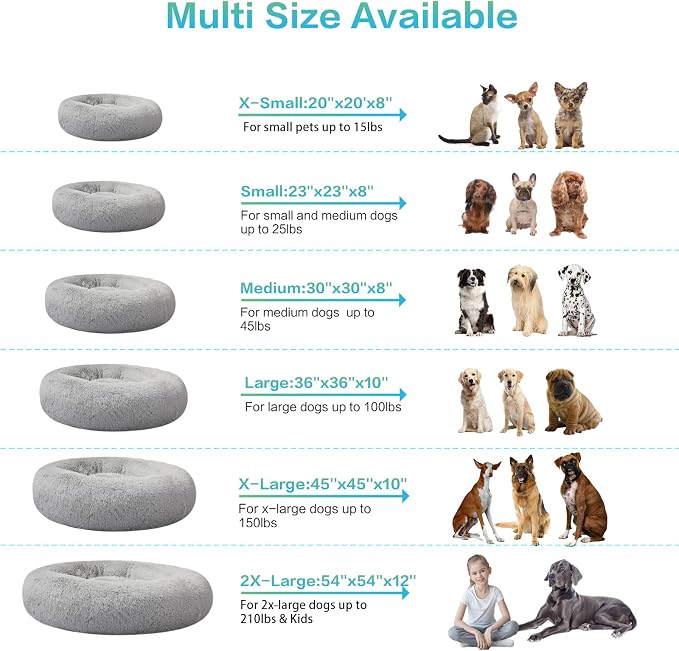 SAVFOX 20 inches Calming Donut Dog Bed - 3X Durable Plush Faux Fur, Machine Washable & Non-Slip, Fits up to 15 lbs, Light Grey