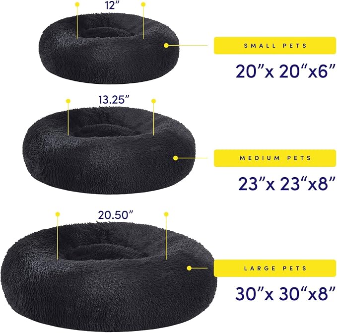 Dog & Cat Bed: Round Faux Fur Pet Bed - Plush, Cozy, & Calming Donut Bed for Small Pets - Soft & Comfortable Sleeping Cushion for Napping & Lounging, 20" Round, Black