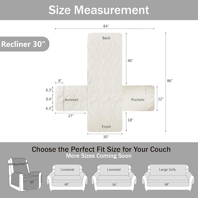Large Ivory Recliner Chair Covers, Quilted Décor Water-Repellent Lazy Boy Chair Covers, Pet Friendly Large Recliner Cover for Dogs Cats, Washable Couch Cover (Recliner 30", Ivory White)