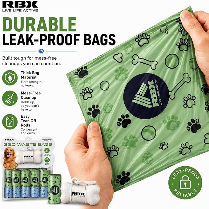 RBX Dog Poop Bags with Leash Holder, 320 Bags, 16 Refill Rolls | Clip-On Dispenser, Durable Leak-Proof, Recyclable Material