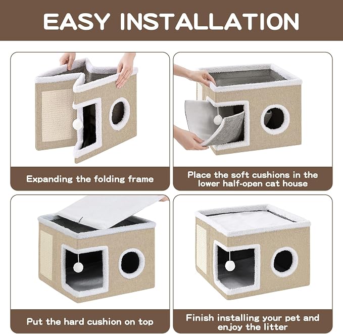 Cat Beds for Indoor Cats Houses, Large Cat Cave with Fluffy Ball and Scratch Pad, Foldable Cat House with Hideaway Tent for Kitten, 16x16x13inch, Khaki