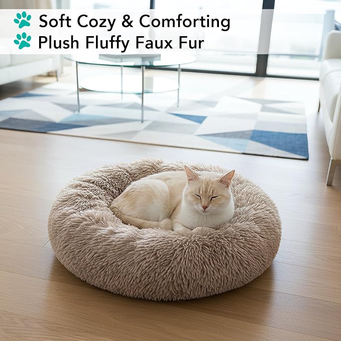 PetAmi Calming Dog Bed for Small & Medium Dogs, Cats & Puppy, Warming Round Donut Cuddler Bed, Anti-Anxiety Fluffy Shaggy Faux Fur Pet Bed, Machine Washable, Non-Slip Bottom, 23 Inch - Taupe