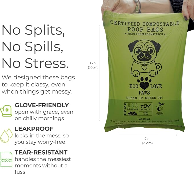 100% Certified Home Compostable Dog Poop Bags, Extra Thick, Plant-Based, Plastic-Free, Unscented, 240 Bags (16 Rolls), Leakproof & Easy Open