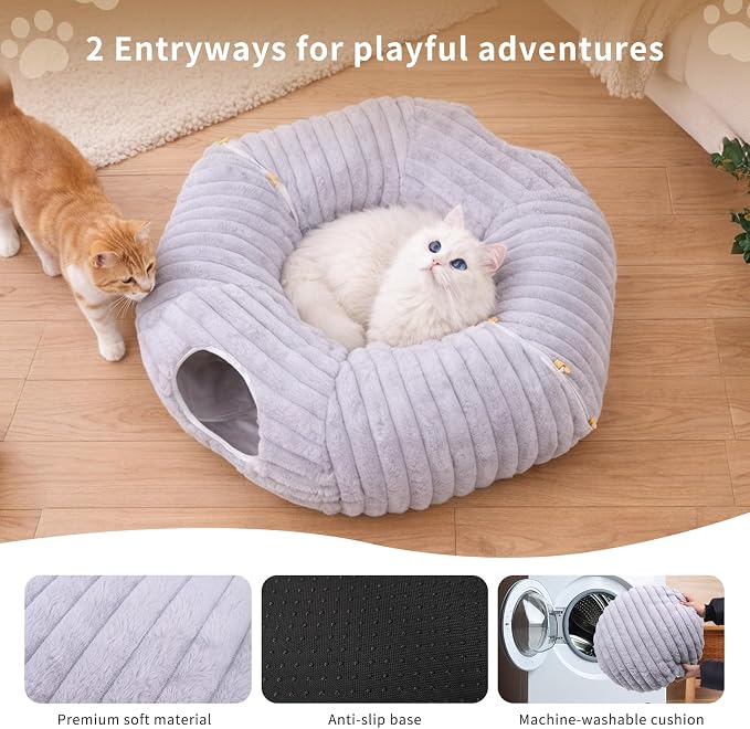 Cat Tunnel Bed Cave - Soft Washable Cushion for Indoor Cats, Peekaboo Hideaway Cave for Indoor Cats, Kittens, Puppies, Rabbits, Luxurious Striped Hare-Feel Fabric, Tunnels for Indoor Cats Large(Grey)
