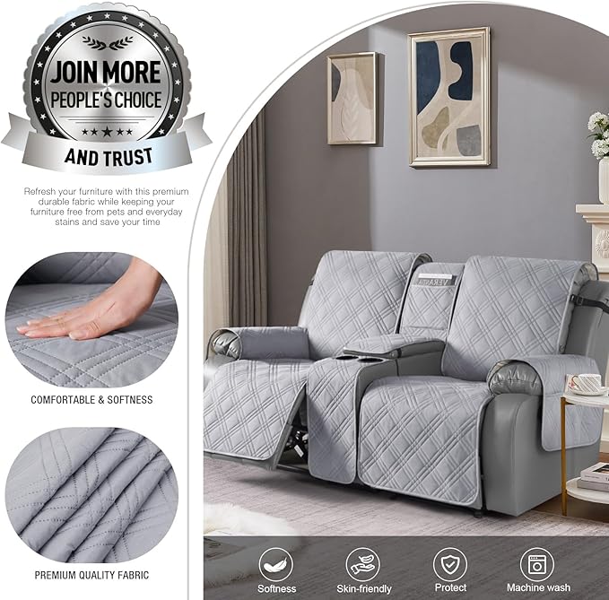 TAOCOCO Recliner Covers with Center Console, Waterproof Recliner Loveseat Cover for Dogs Split Reclining Loveseat Cover Washable Furniture Protector with Elastic Straps (2 Seater, Light Grey)