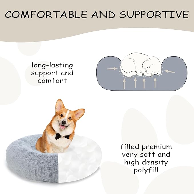 Bunlitent 39'' inch Calming Dog Bed, Plush Anti-Anxiety Donut Dog Bed for Small Medium Large Dogs, Warming Cozy Soft Cute Round Washable, Marshmallow Cuddler Nest Pet Bed, Grey