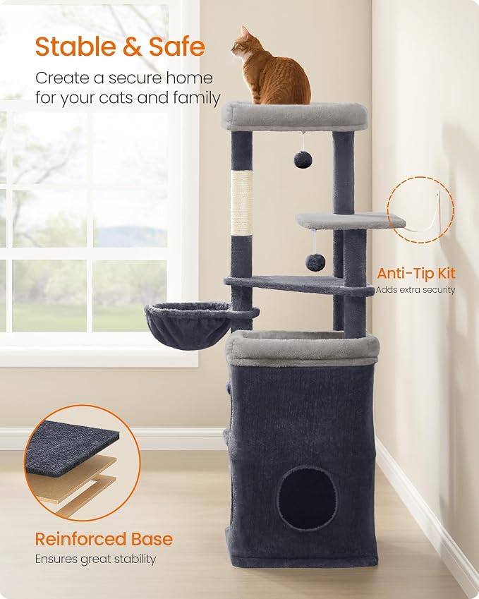 Feandrea Cat Tree, 60-Inch Cat Tower, Multiple-Level Plush Condo with 2 Caves, 3 Scratching Posts, 3 Perches, Dark Gray UPCT007G02